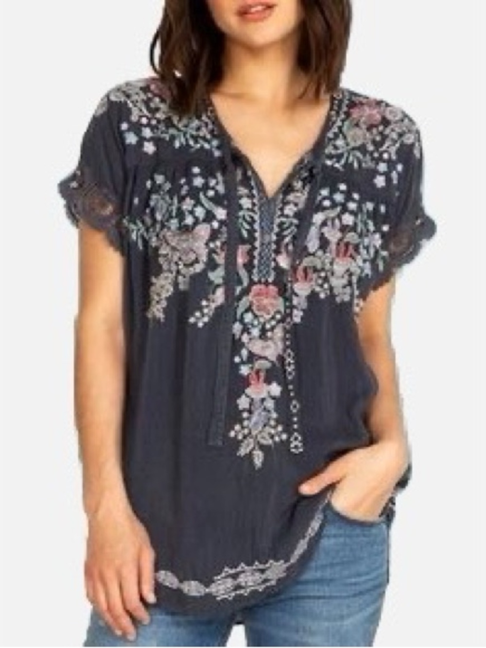 Johnny Was Dreaming Embroidered Vegan Silk Tunic Blouse Gray Medium